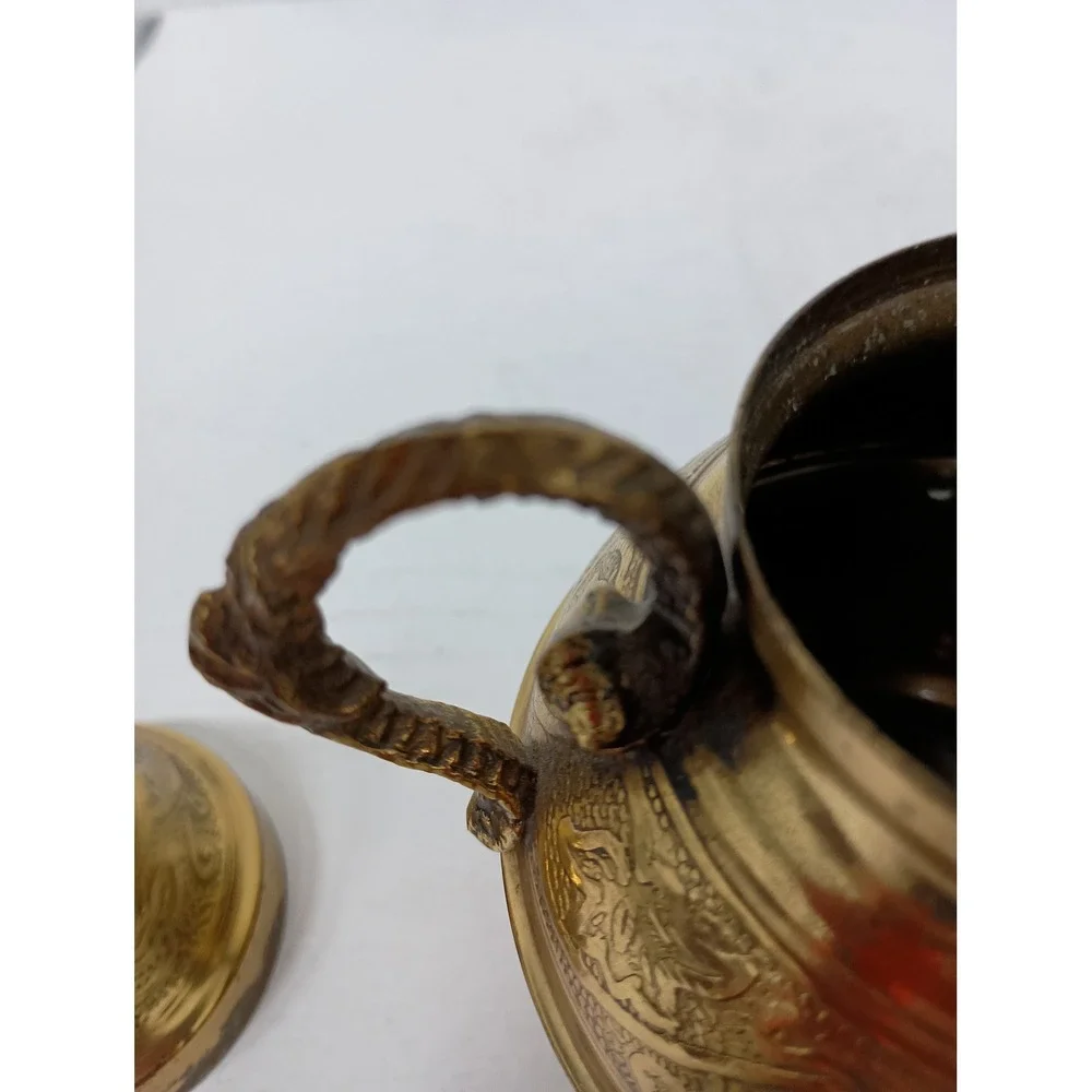 Vintage Teapot Embossed Brass Asian Small Gold Decorative Tea Pot Etched Floral